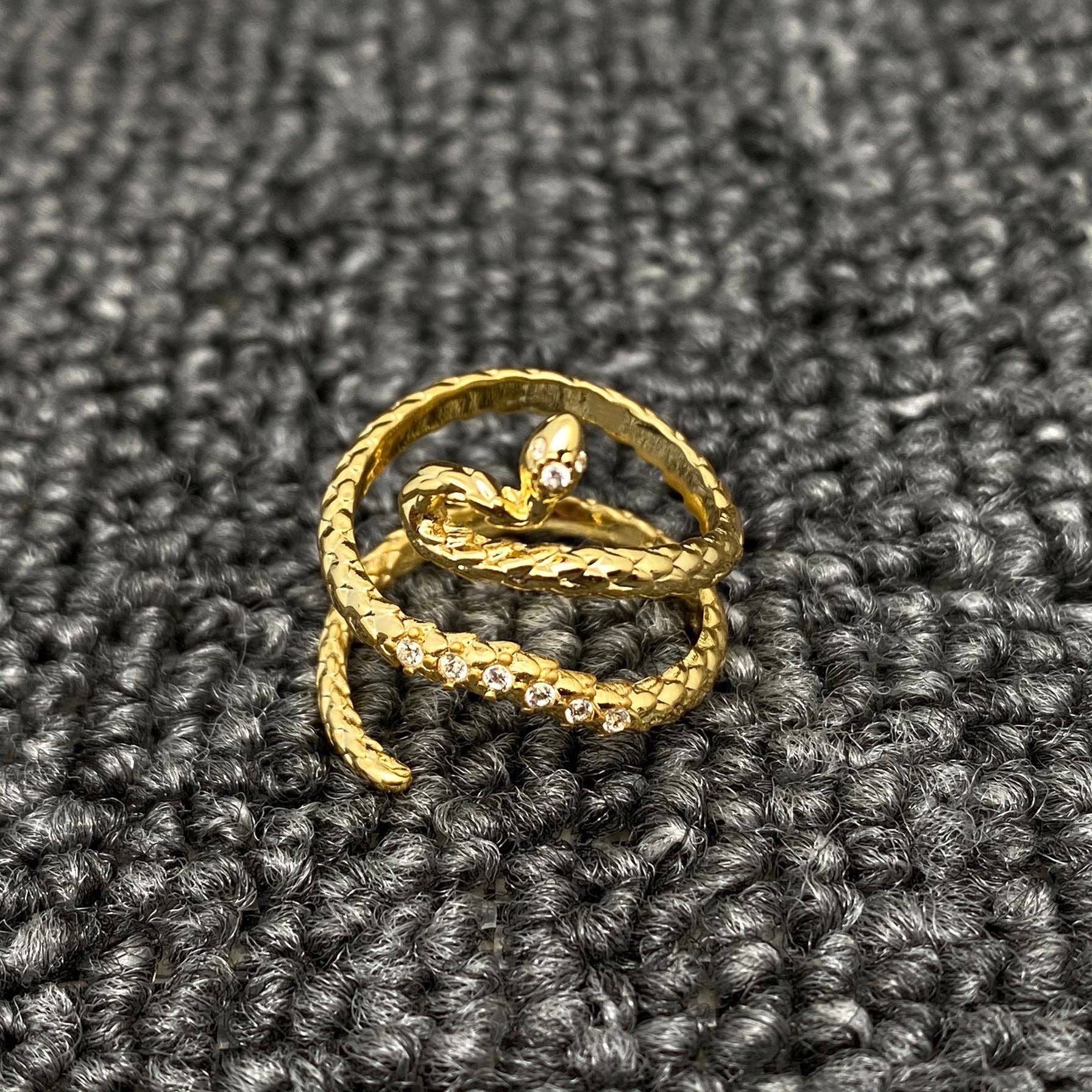 14K Gold Plated Cubic Zirconia Adjustable Snake Ring - Spiral Circle