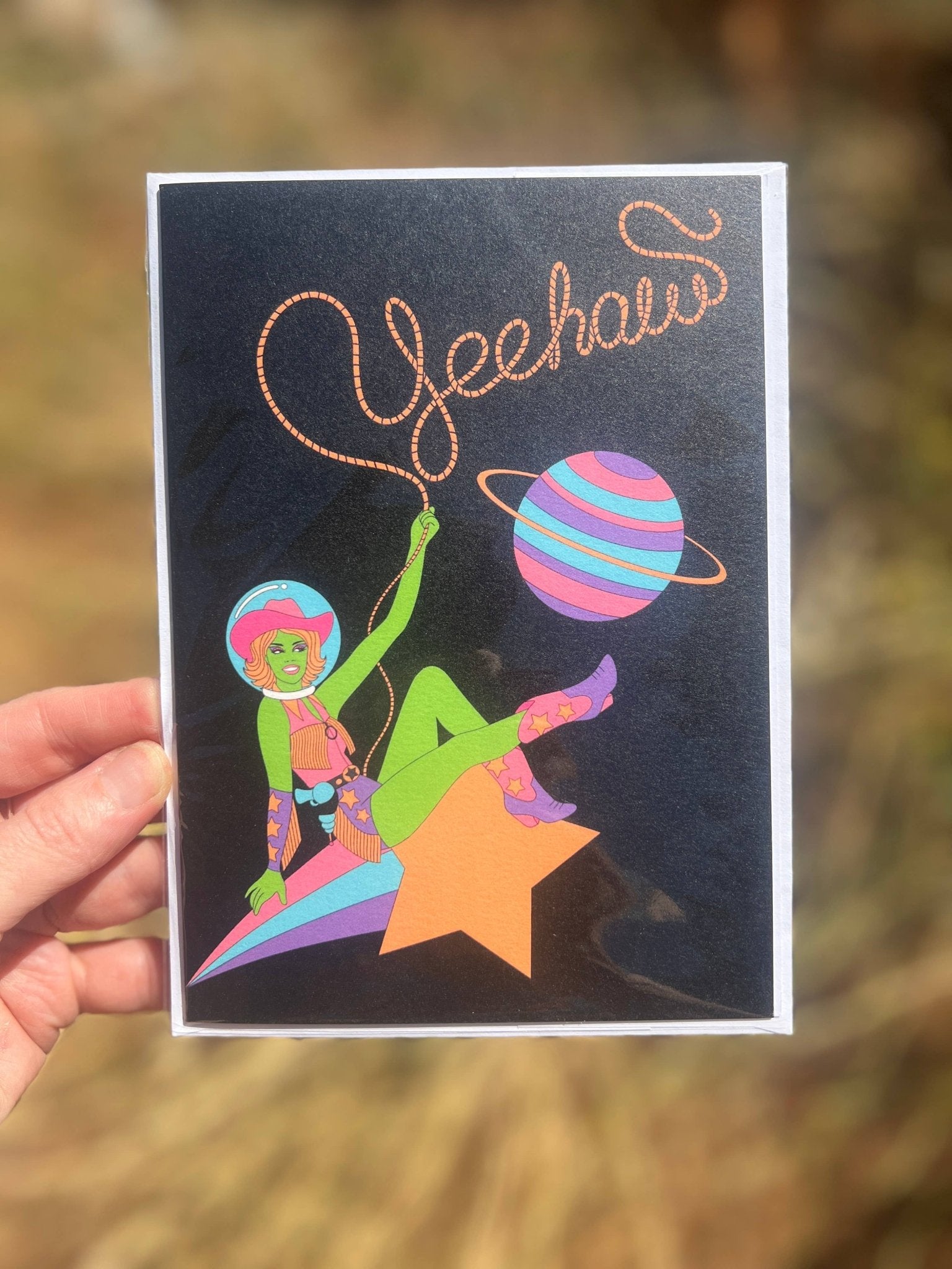 A7 LARGE Yeehaw Space Cowgirl Greeting Card - Spiral Circle