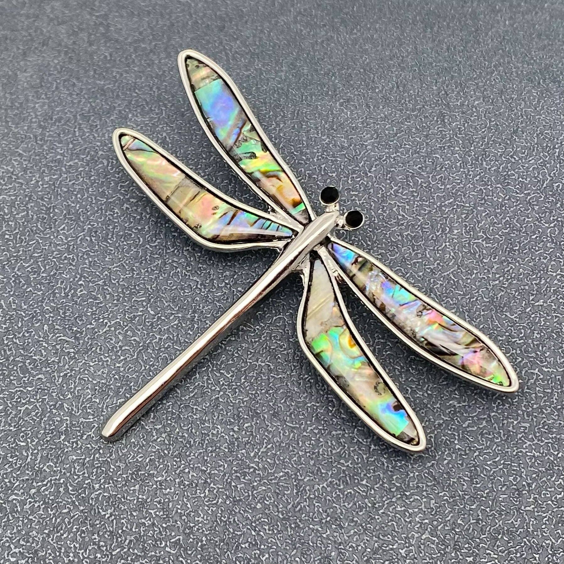 Abalone Shell Dragonfly Silver Tone Brooch - Spiral Circle