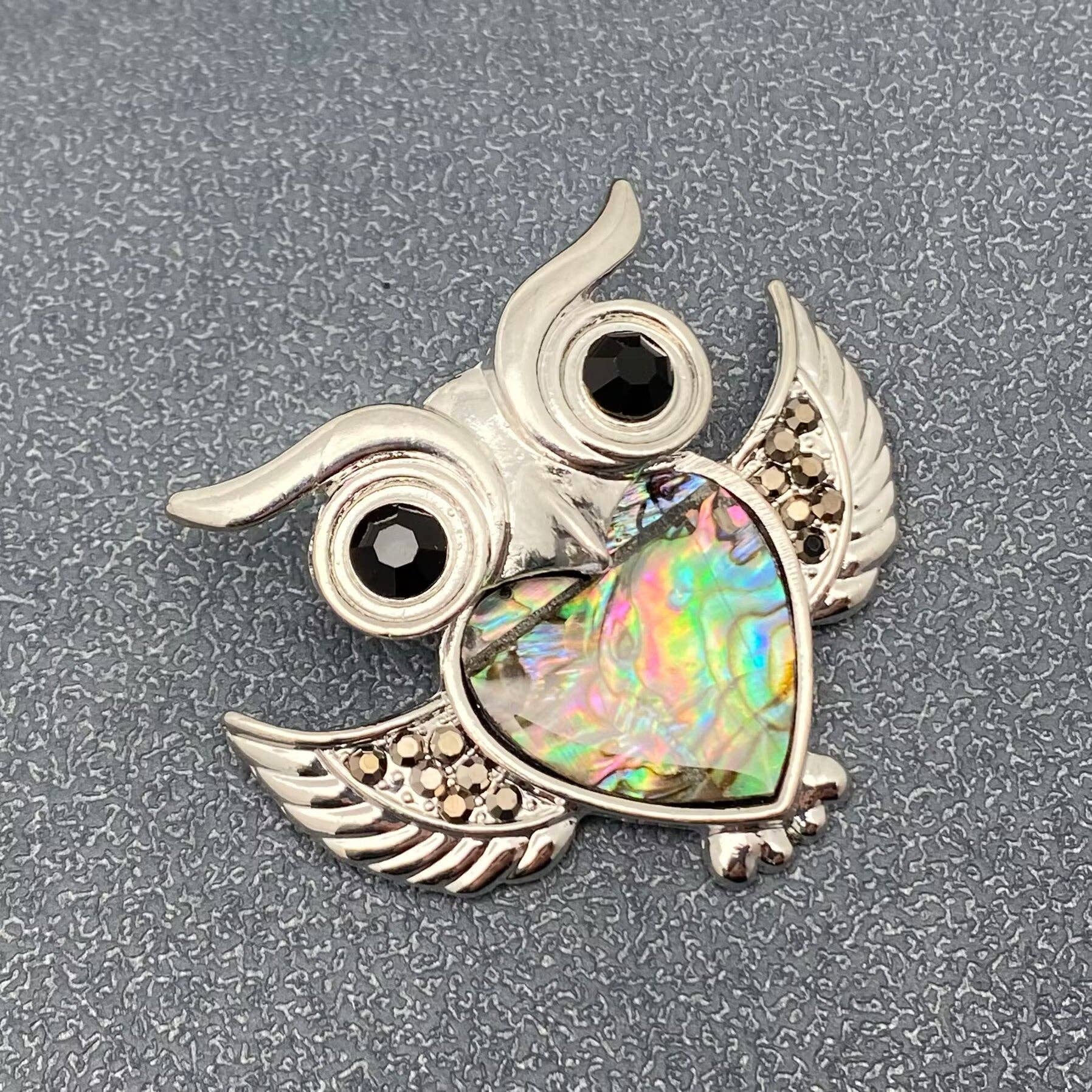 Abalone Shell Owl Silver Tone Cat Brooch - Spiral Circle