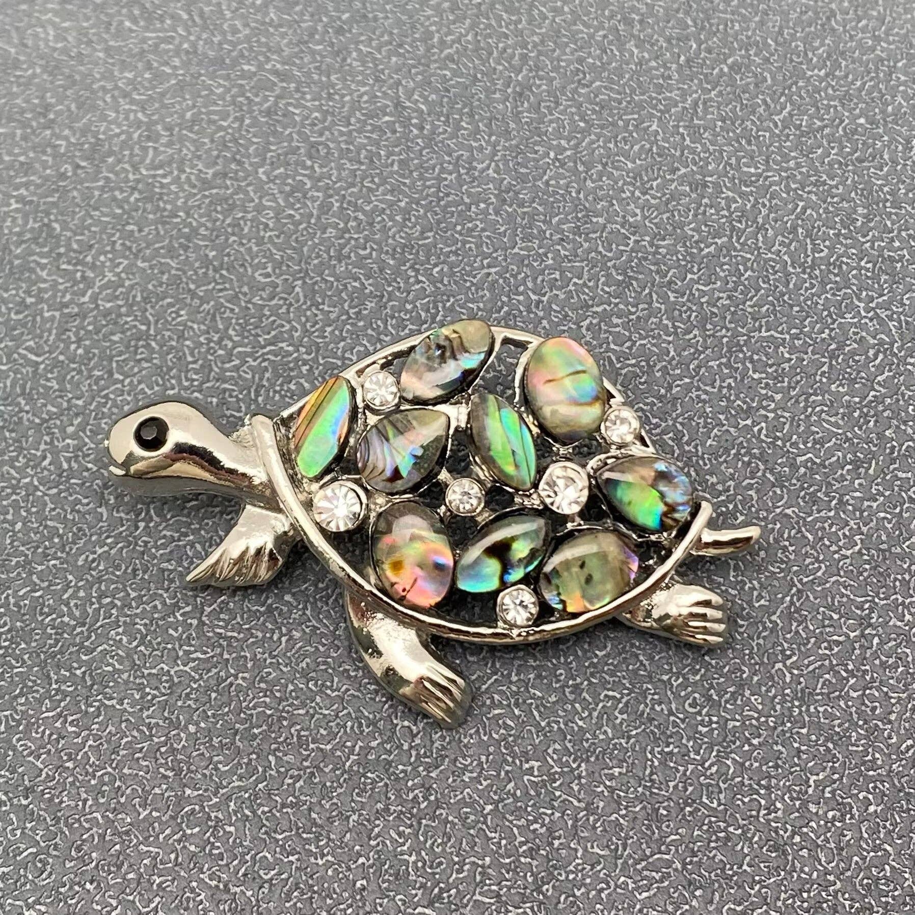 Abalone Shell & Rhinestone Turtle Silver Tone Brooch - Spiral Circle