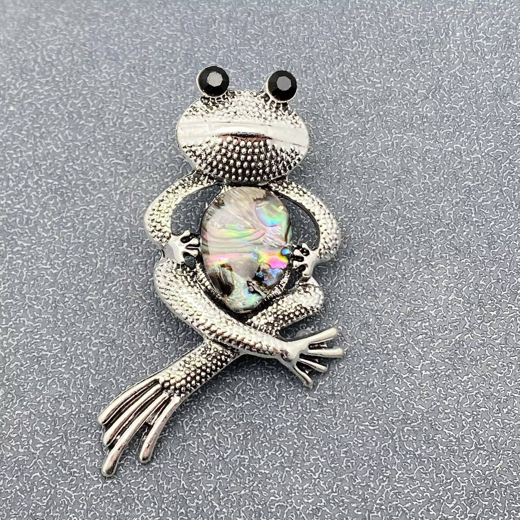 Abalone Shell Silver Tone Frog Brooch - Spiral Circle