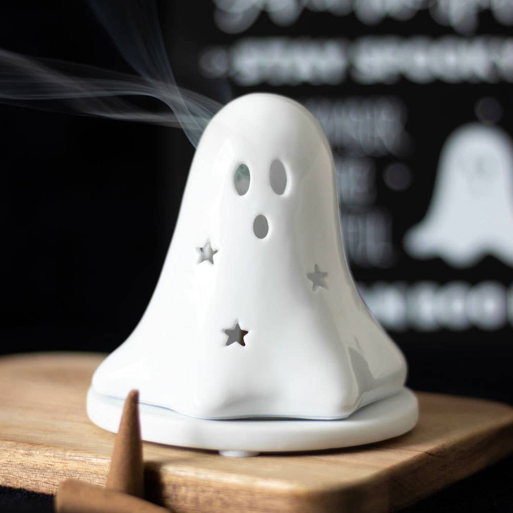 Ceramic Halloween Ghost Tealight and Incense Cone Holder - Spiral Circle