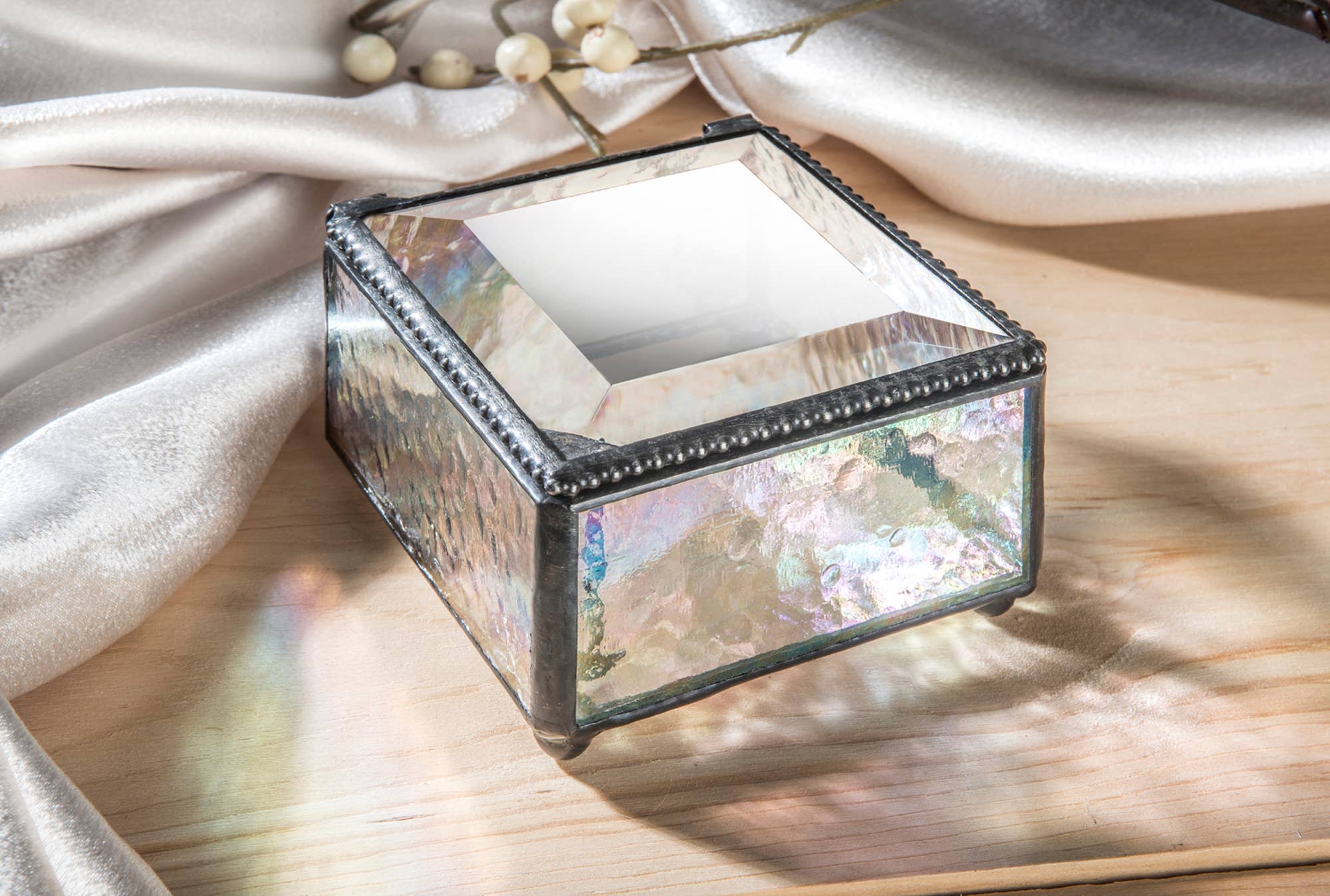 Clear Iridescent Stained Glass Jewelry Box Keepsake Box 909 - Spiral Circle