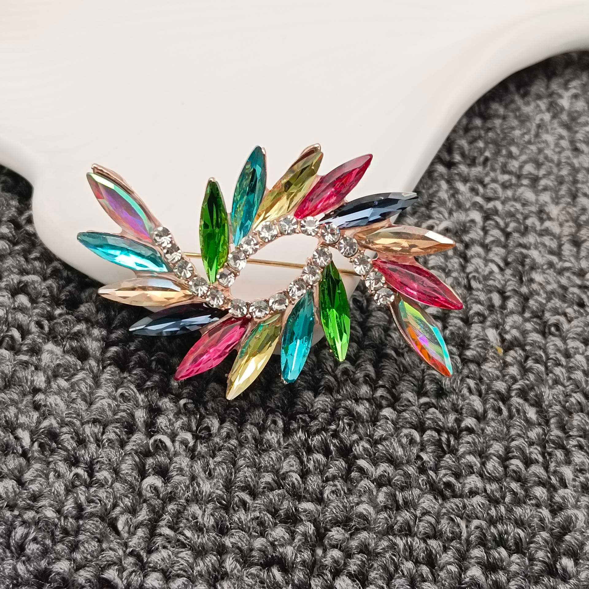 Colored Glass Rhinestone Brooch - Spiral Circle