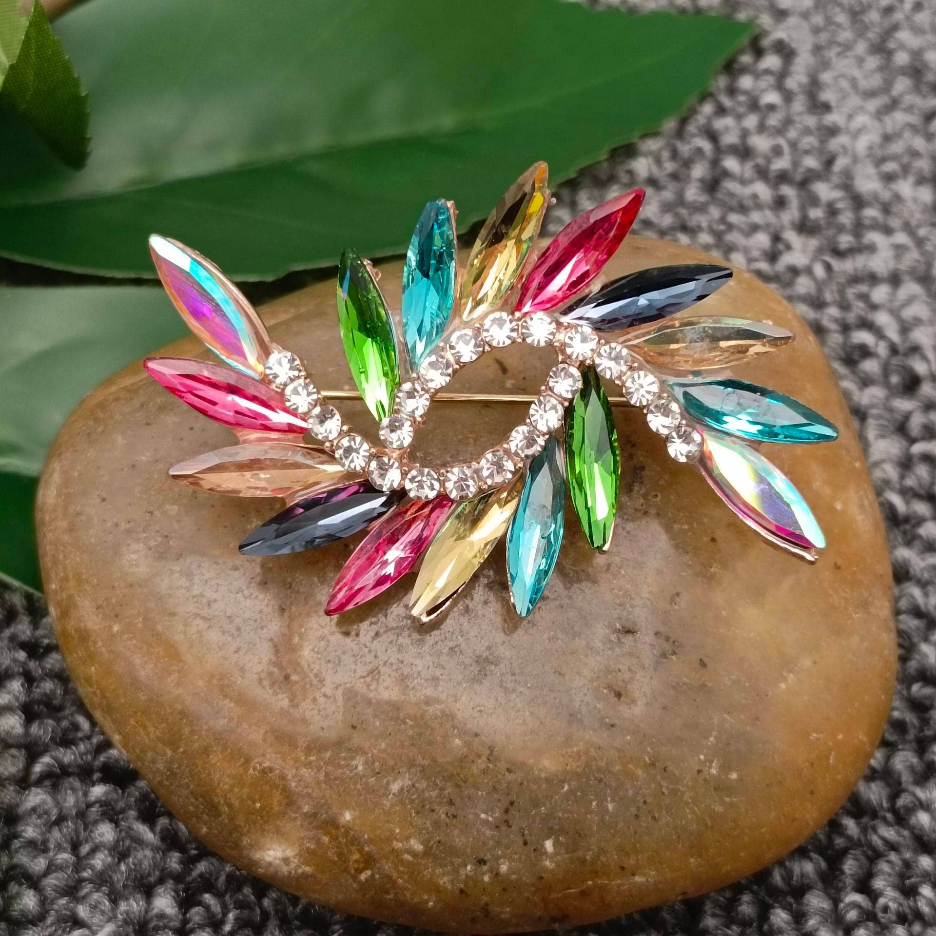 Colored Glass Rhinestone Brooch - Spiral Circle