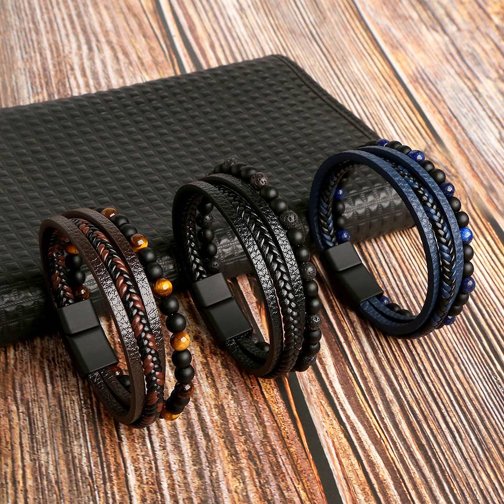 Gemstone Men's Leather Bracelets - Spiral Circle