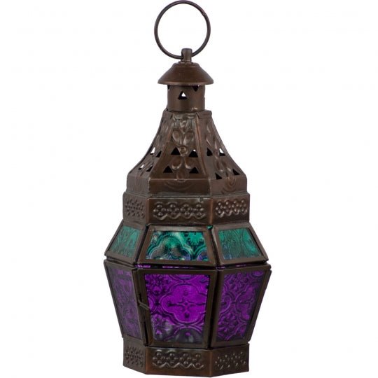 Glass & Metal Lantern | Turquoise & Purple - Spiral Circle