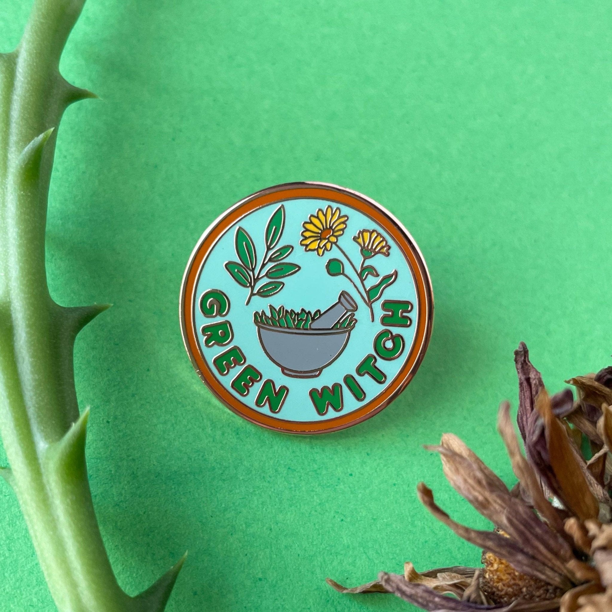 Green Witch Enamel Pin - Spiral Circle