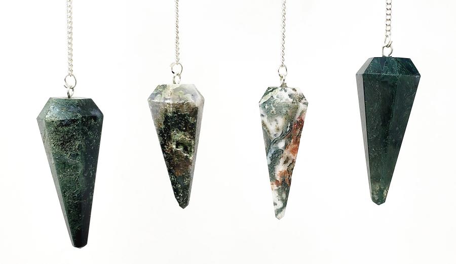 Moss Agate Pendulum with Chain - Spiral Circle