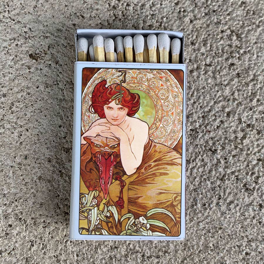 Mucha Emerald Matchbox • Decorative Matches - Candle Acc - Spiral Circle