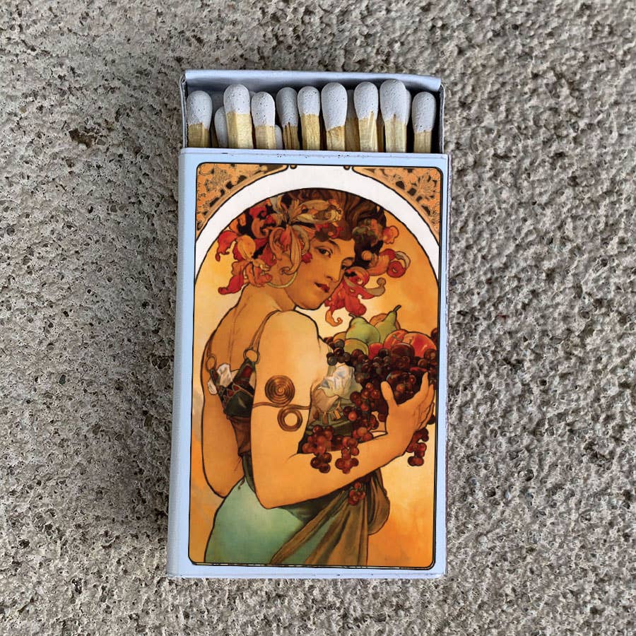 Mucha Fruit Matchbox • Decorative Matches • Candle Acc - Spiral Circle