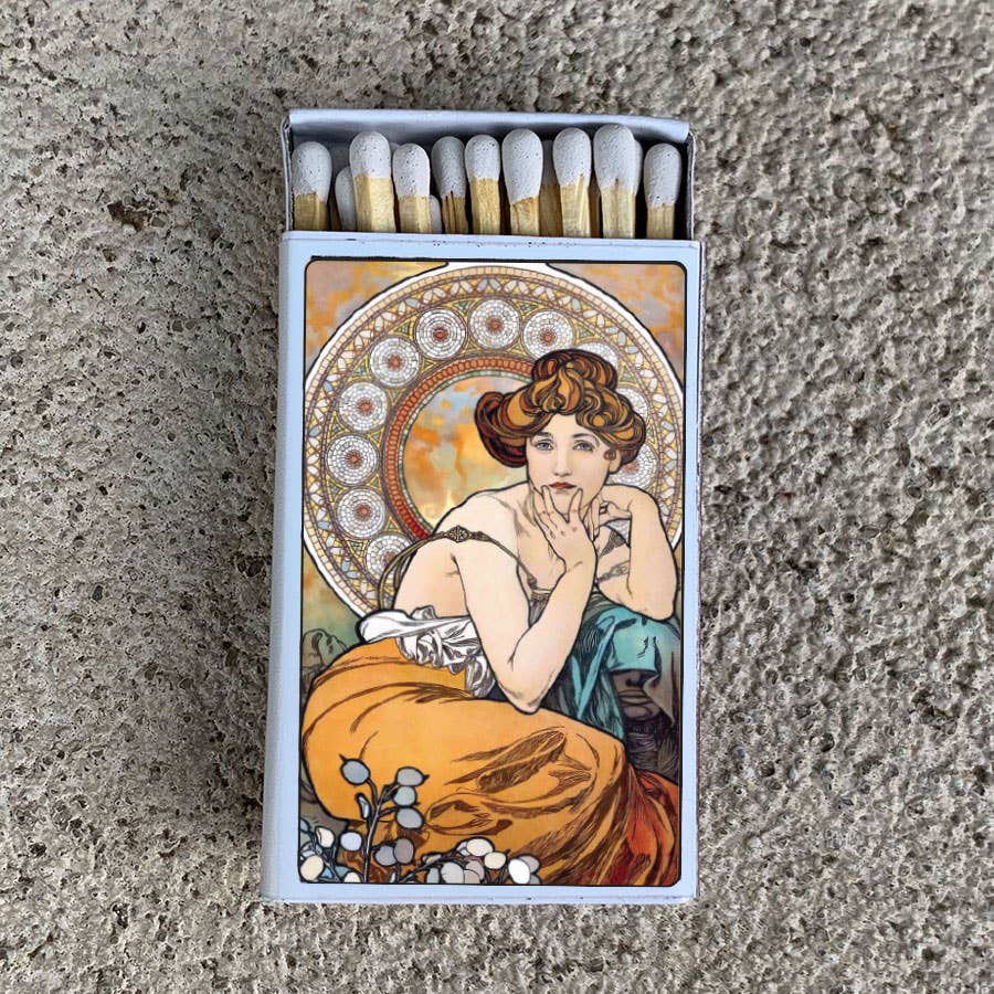 Mucha Topaz Matchbox • Decorative Matches - Candle Acc - Spiral Circle