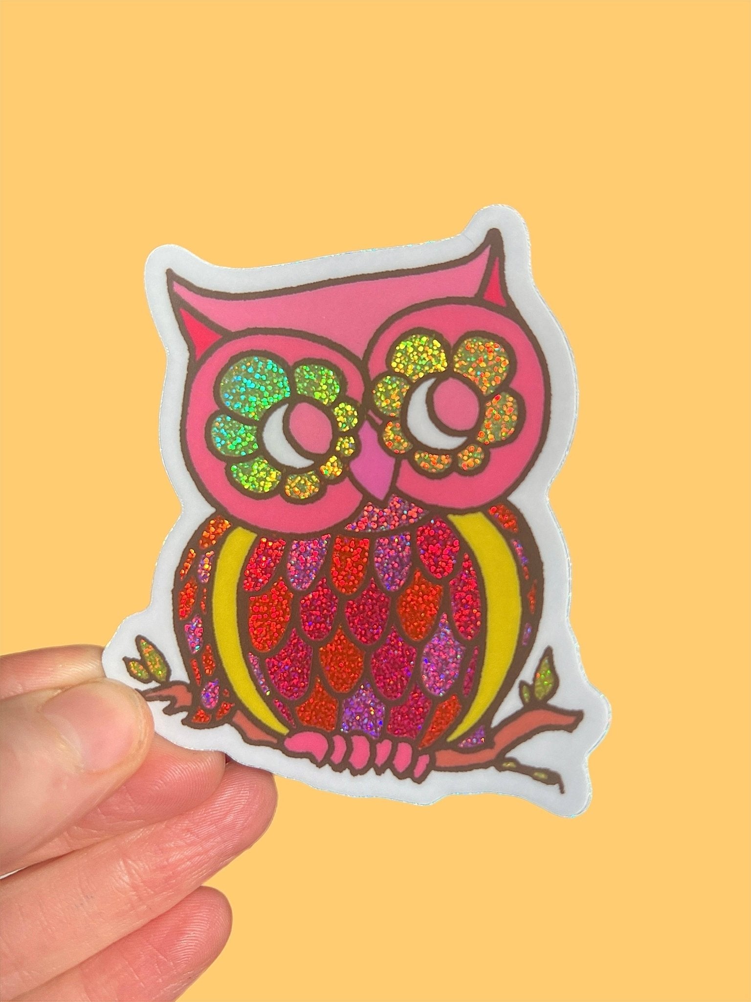 Owl Glitter STICKER 3 Inch - Spiral Circle