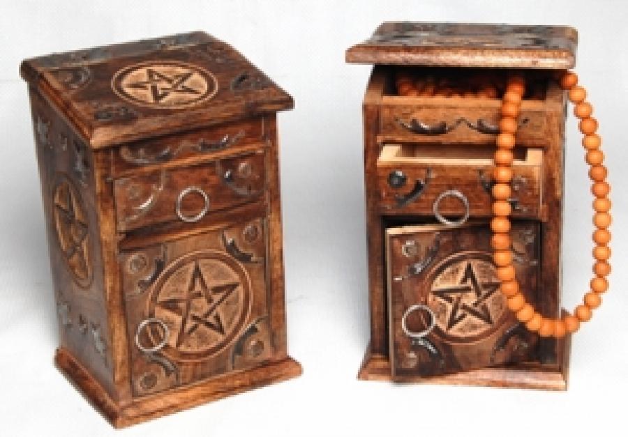 Pentacle Carved Wood Herb Chest - Spiral Circle