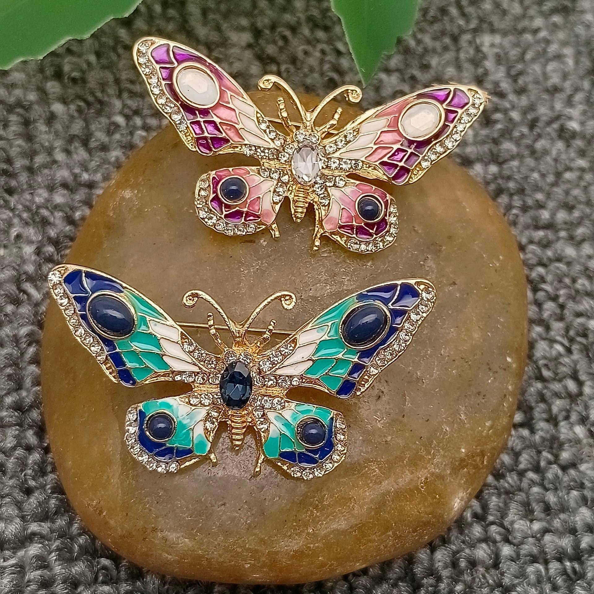 Rhinestone Colored Enamel Butterfly Brooch - Spiral Circle