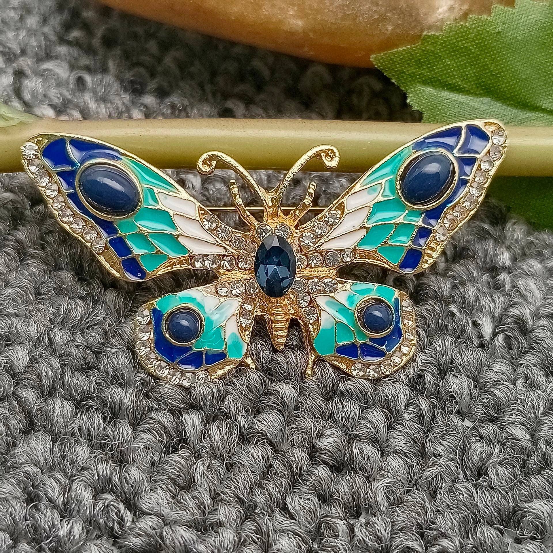 Rhinestone Colored Enamel Butterfly Brooch - Spiral Circle