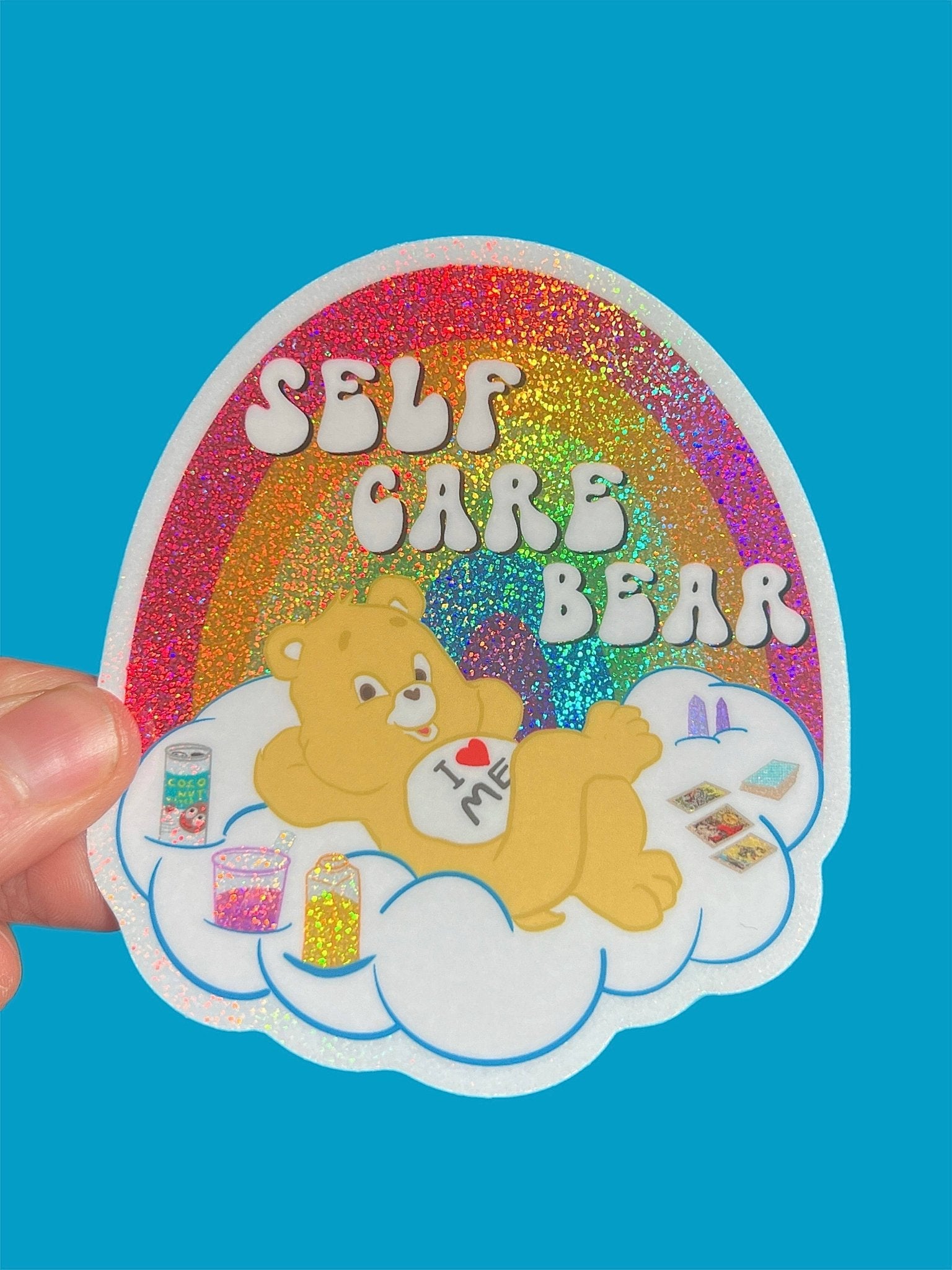 Self Care Bear Glitter STICKER 3 Inch - Spiral Circle