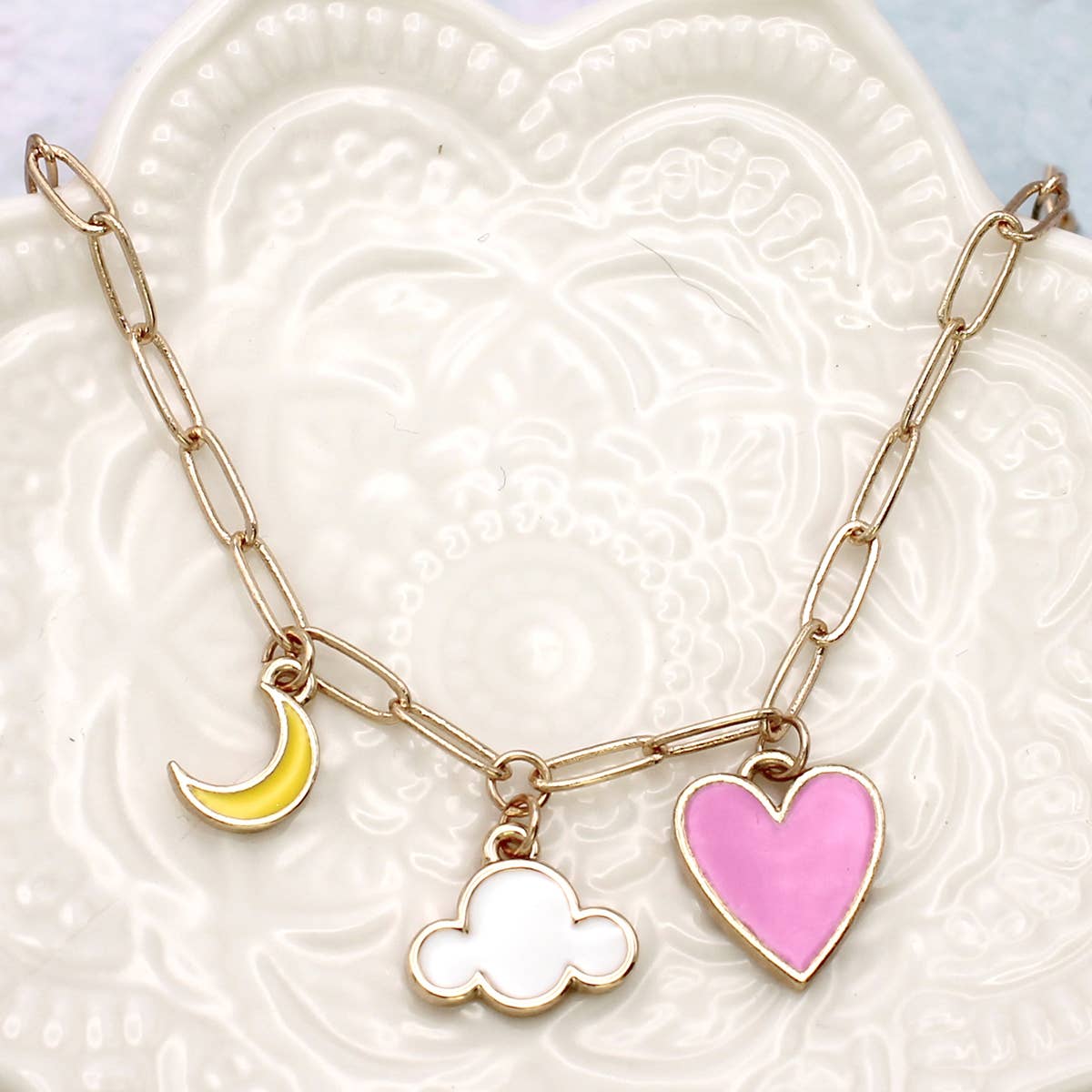 Sweet Dreams Moon Heart Charm Necklace - Spiral Circle