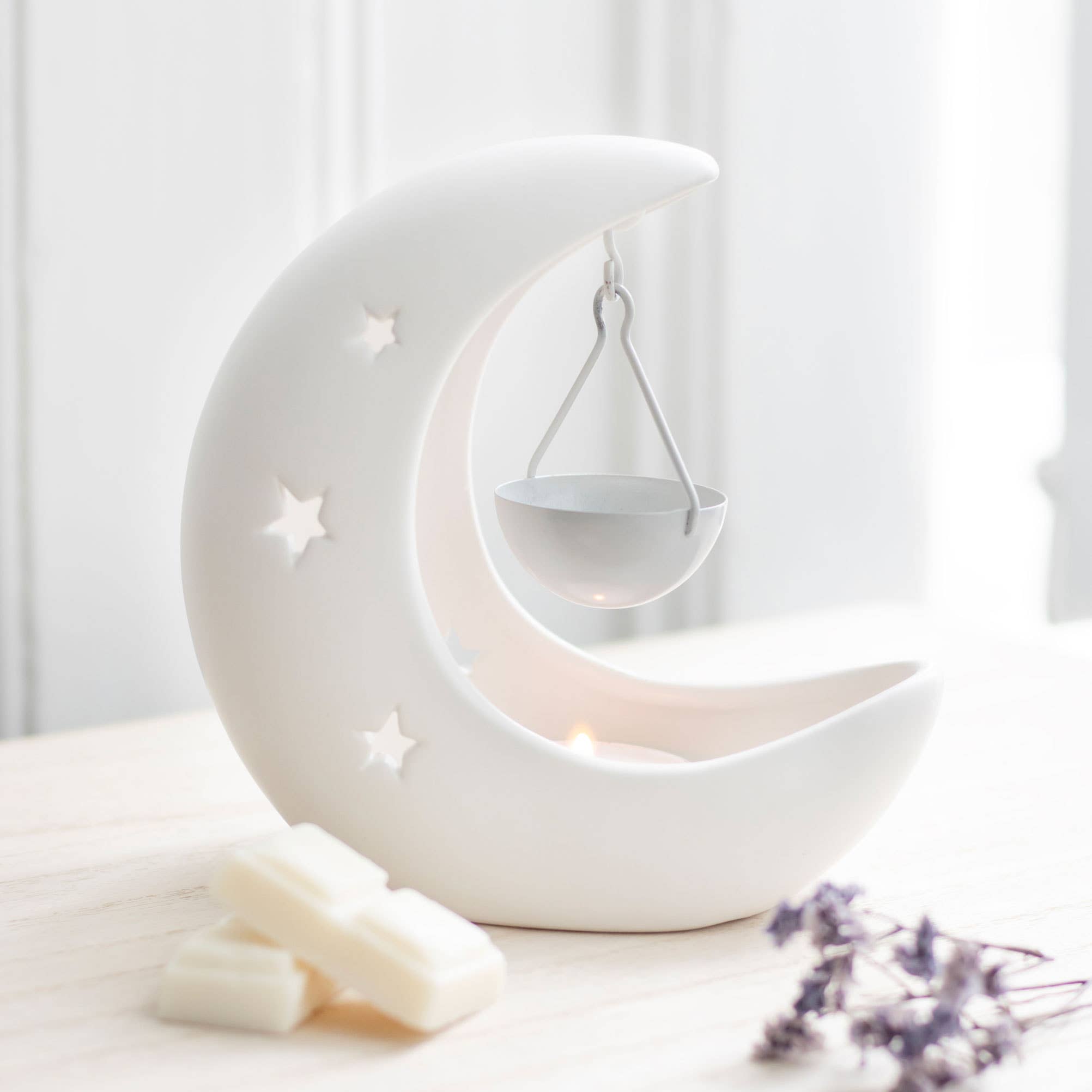 White Crescent Moon Hanging Oil Burner - Spiral Circle