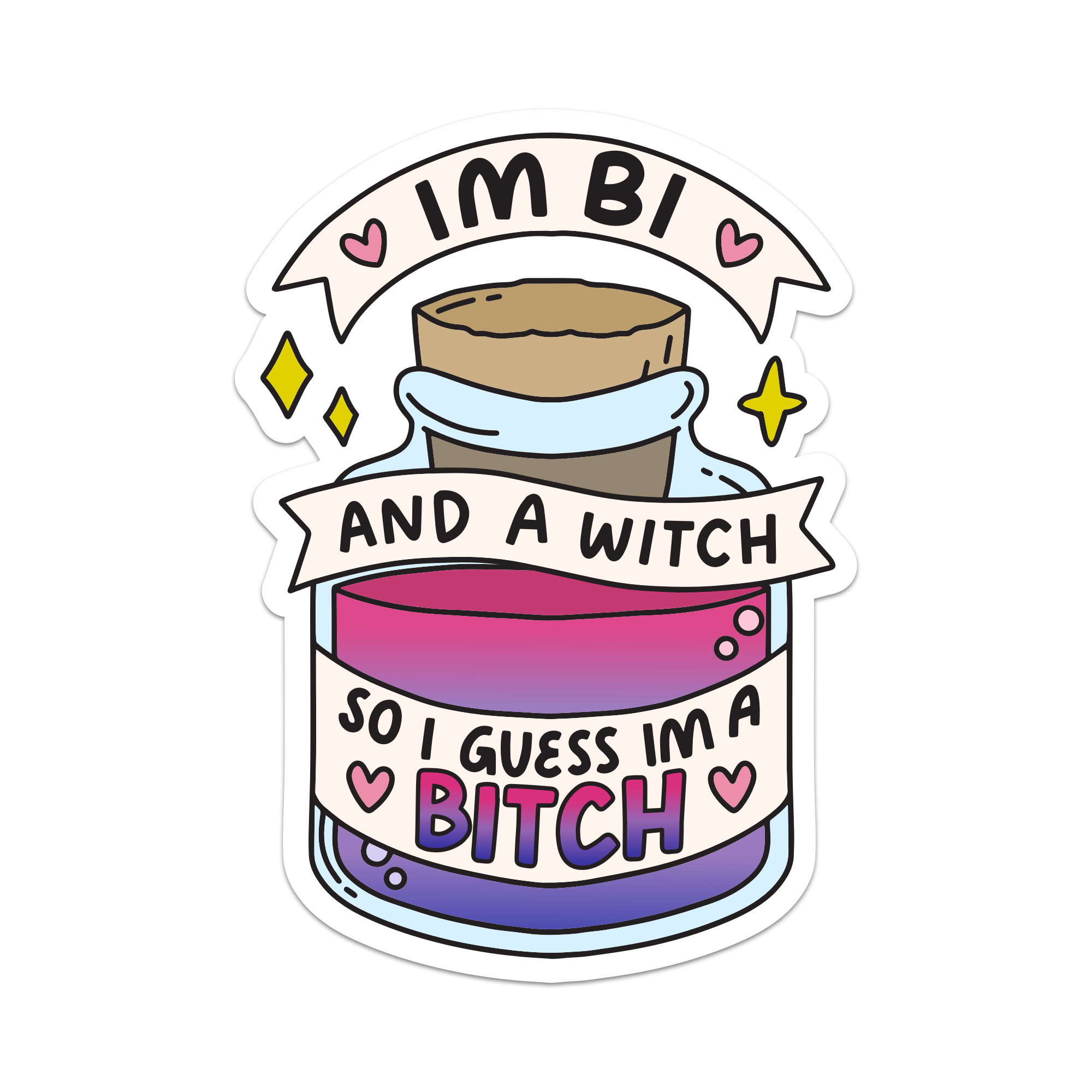 Bi and a Witch, Guess I'm a B*tch Spell Jar Sticker - Spiral Circle