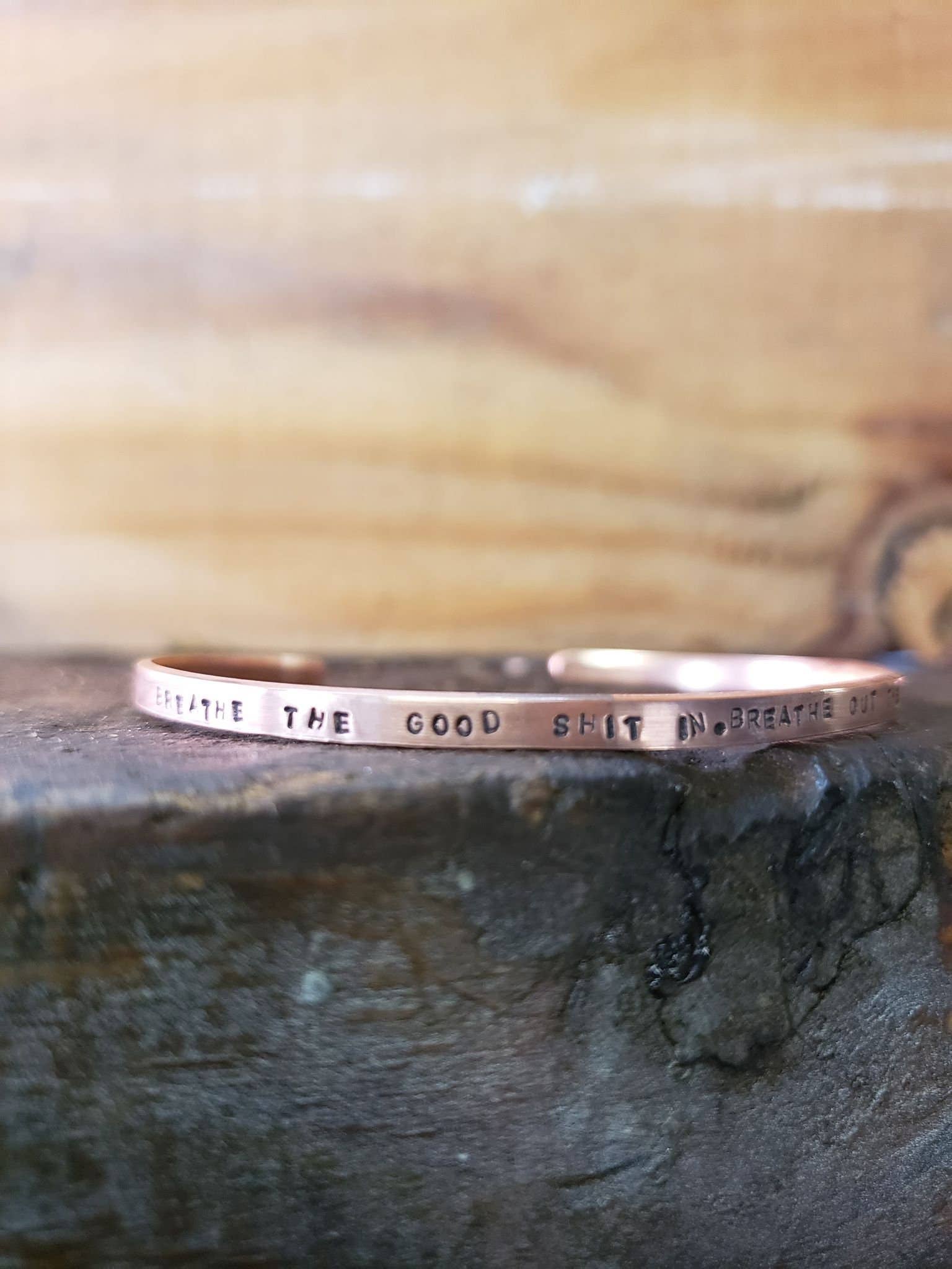 Breathe In The Good Shit. Breathe Out The Bullshit - Copper Or Brass Gold Cuss Cuff. Swearing, Adult, Stackable Bangle Bracelet - Spiral Circle