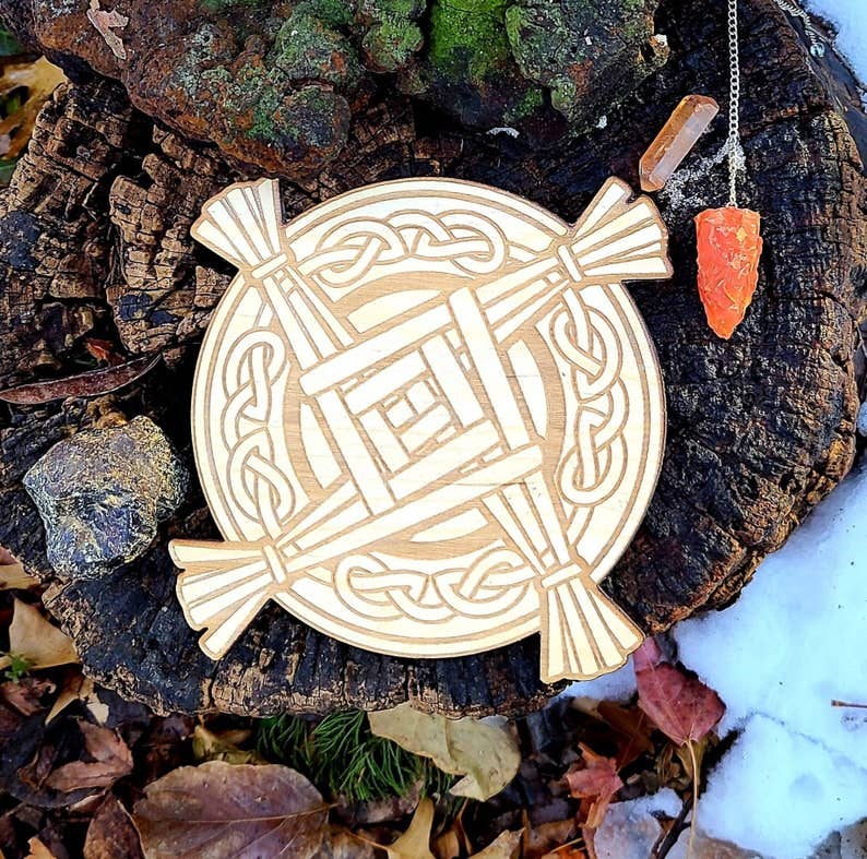 Brigid's Cross Crystal Grid Laser Engraved Wood Altar Plate - Spiral Circle