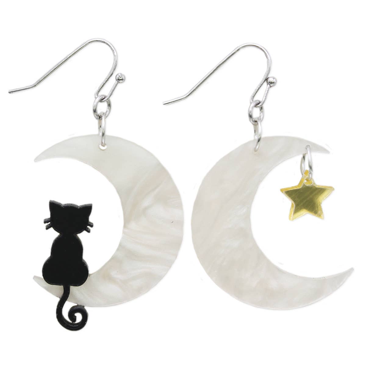 Sitting Kitty Crescent Moon Earrings - Spiral Circle