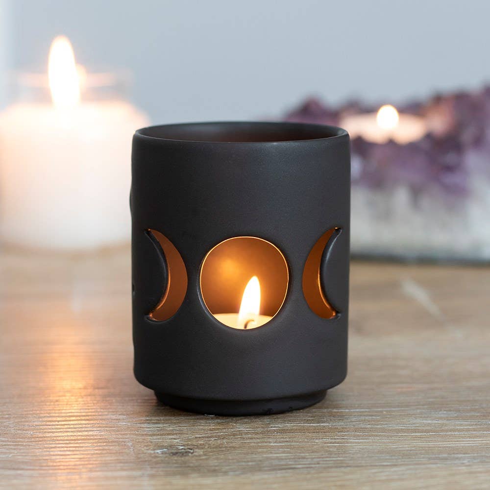 Small Black Triple Moon Cut Out Tealight Holder - Spiral Circle