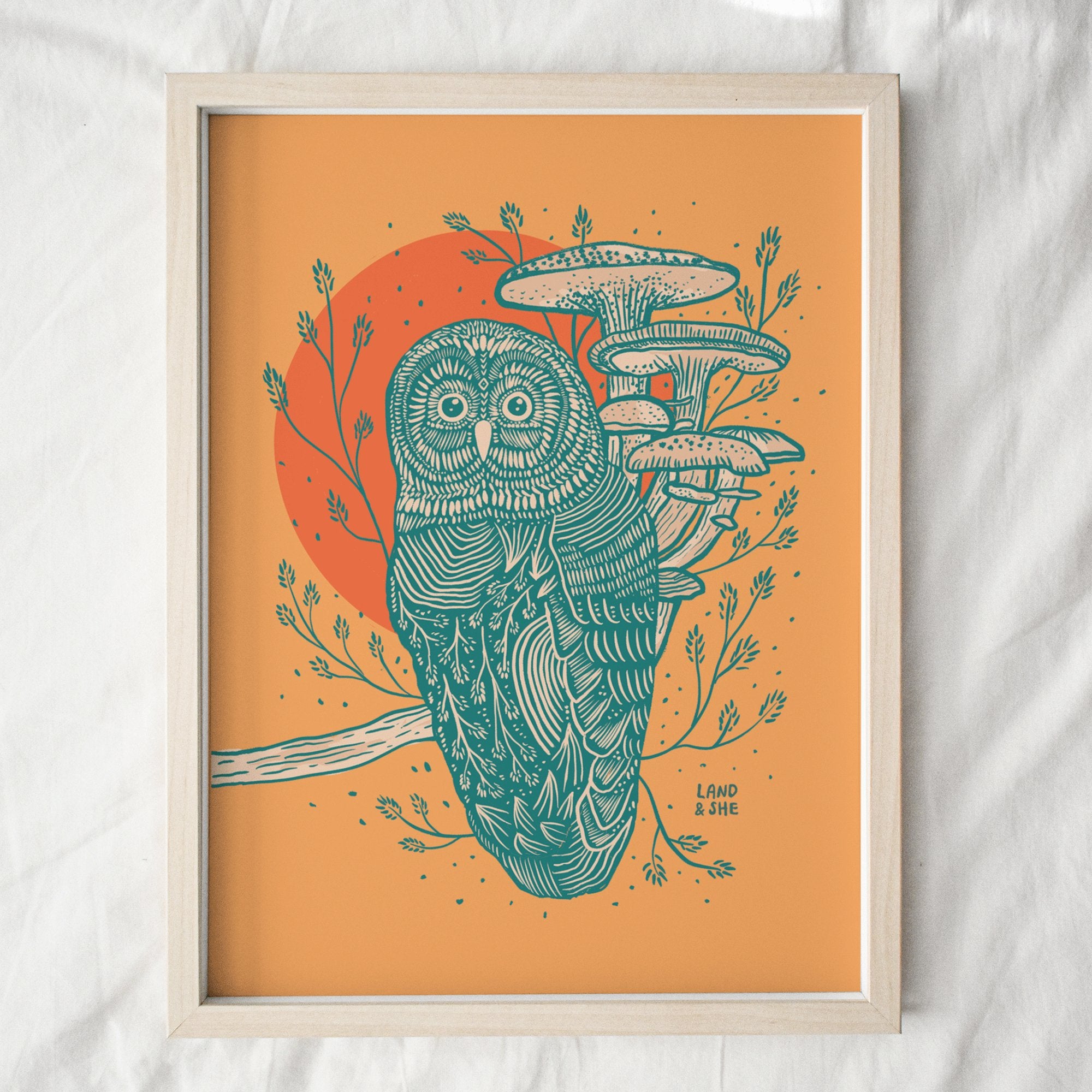 Wild Mushrooms & Owl Art Print - Spiral Circle